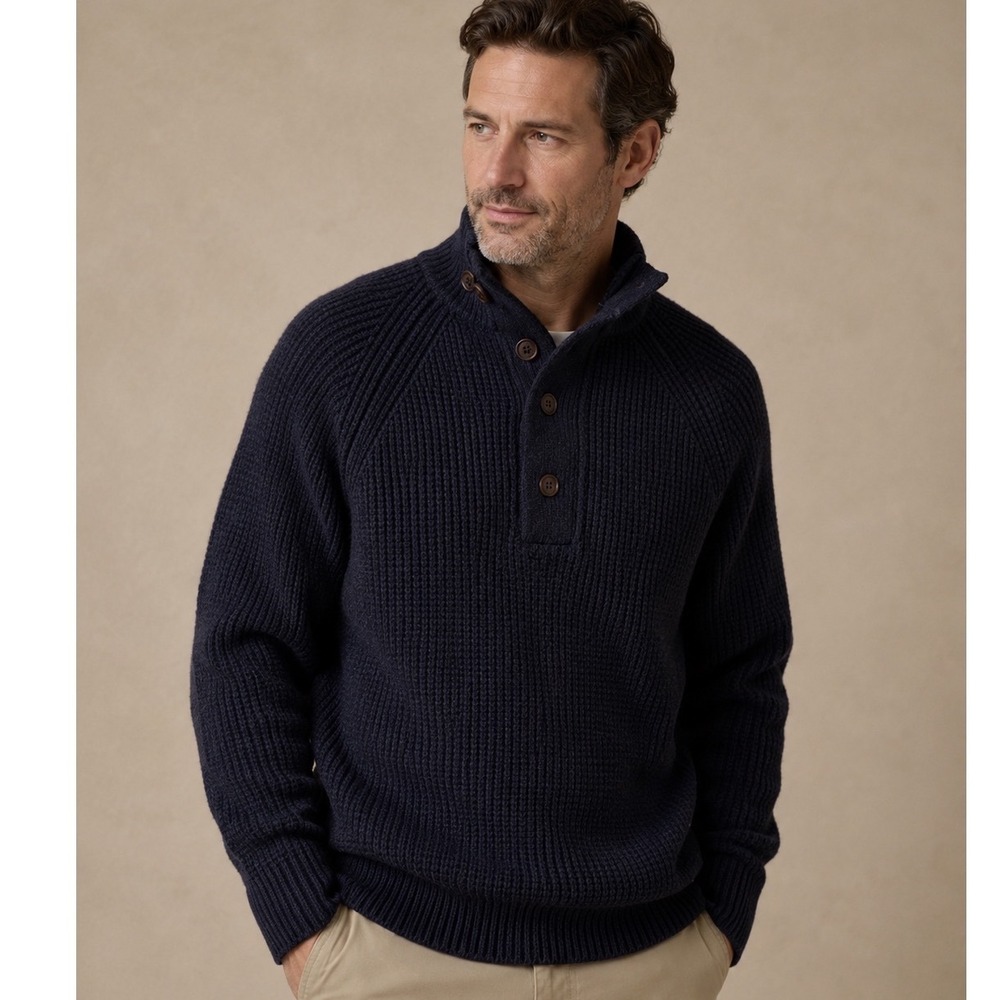 Barbour Rossfell Navy‎ Half Button Wool Fisherman Jumper Sweater Elbow Patch M